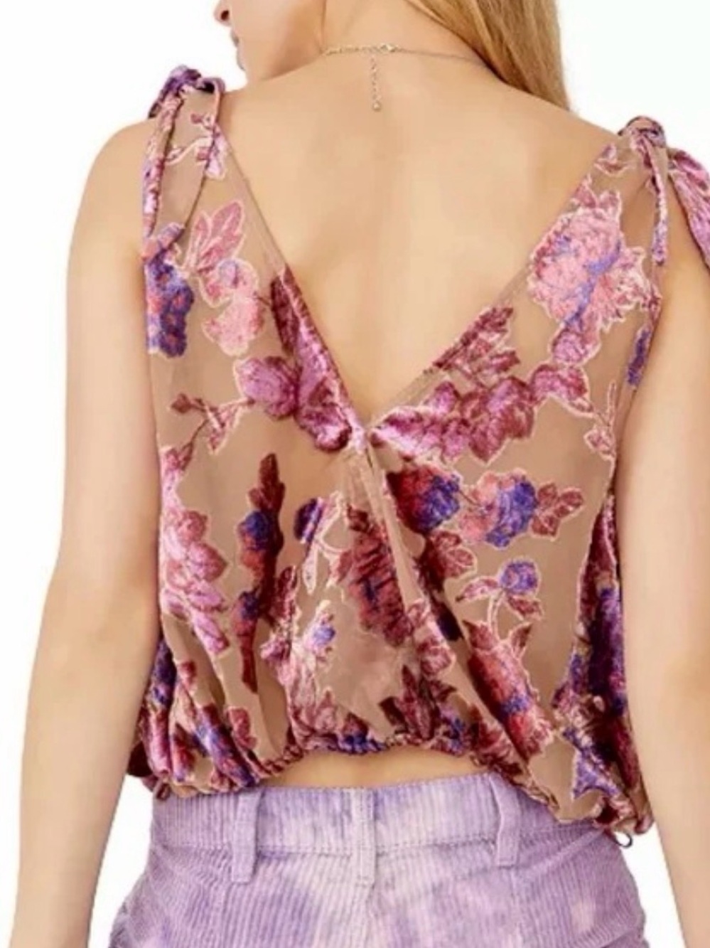 Free People Floral Velvet Tie-Shoulder V-Back Crop Top - Mauve Pink